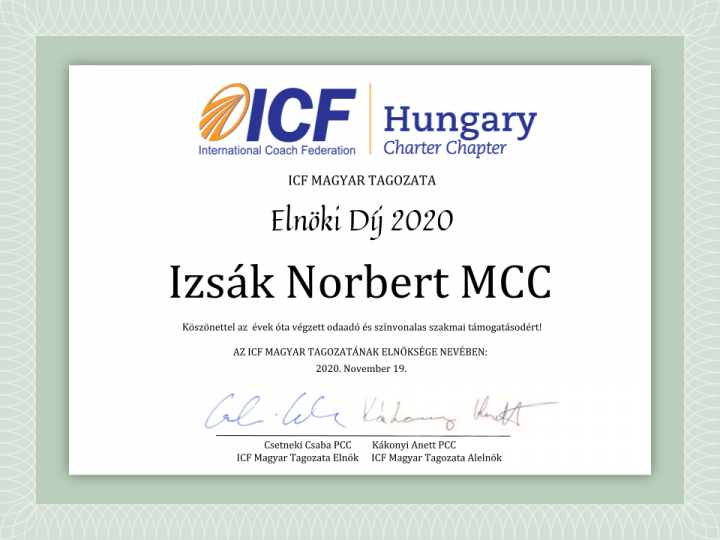 Izsák Norbert MCC az ICF Magyar Tagozata Elnöki Díj kitüntettje
